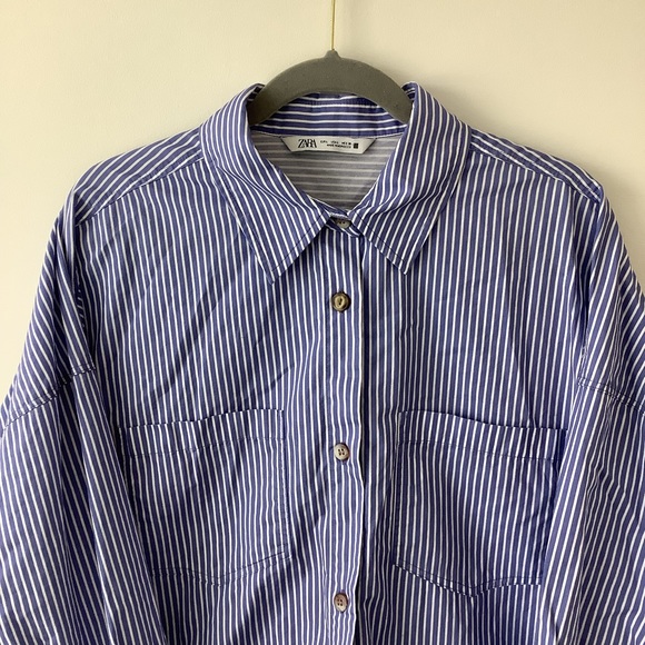 Zara oversized striped shirt blue white size Large - Picture 2 of 9